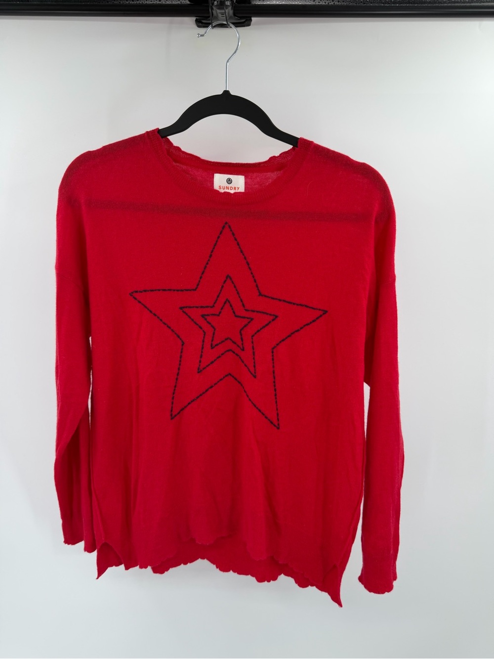 Sundry Red Star Embroidered Long Sleeve Sweater Red Wool Cashmere Blend XS